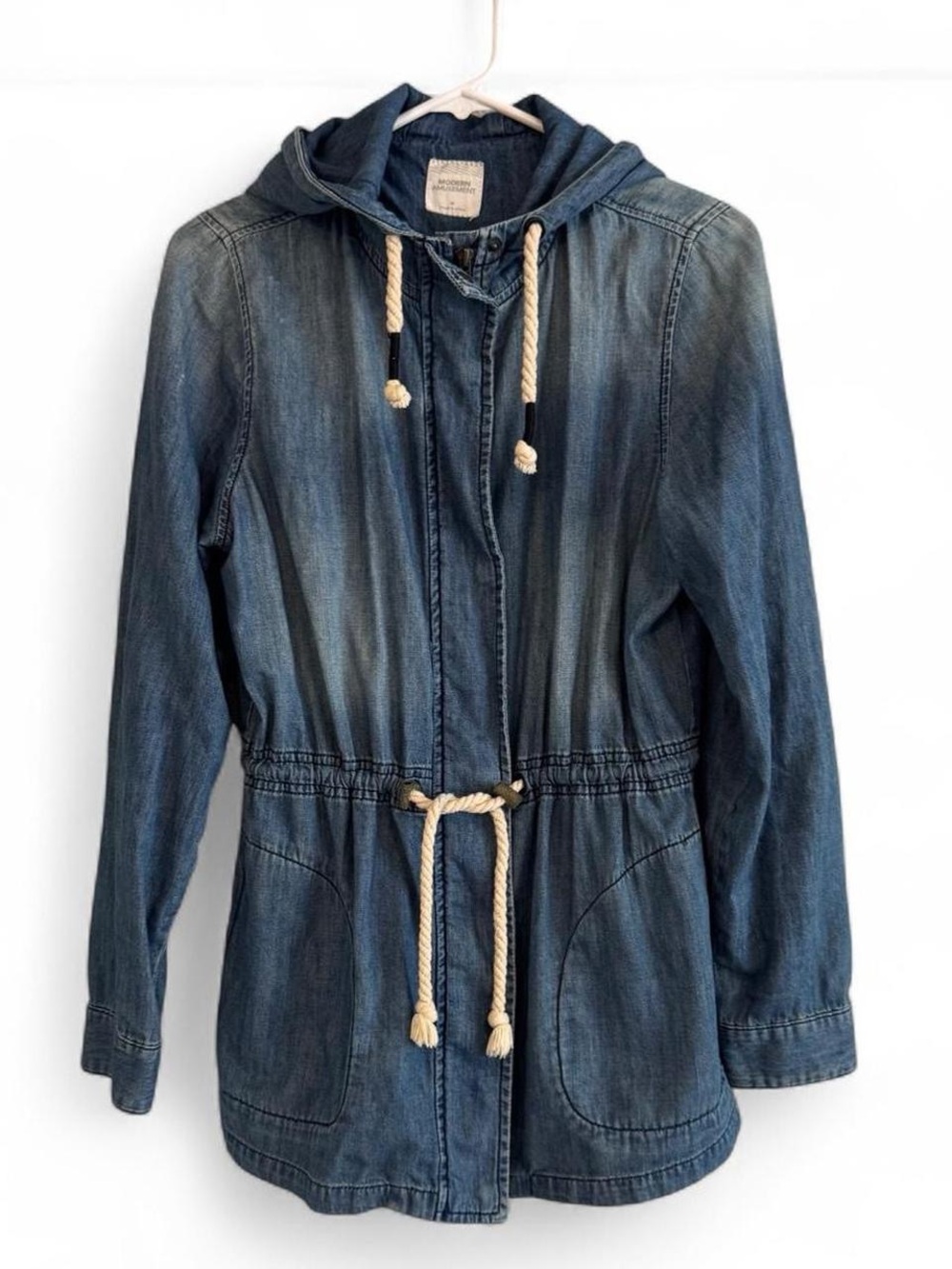 Modern Amusement Blue Denim Hooded Drawstring Jacket